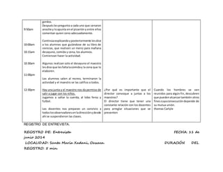 REGISTRO DE ENTREVISTA.
REGISTRO DE: Entrevista FECHA: 11 de
junio 2014
LOCALIDAD: Santa María Xadani, Oaxaca. DURACIÓN DEL
REGISTRO: 5 min.
9:50am
10:00am
10:15am
10:30am
11:00pm
12:30pm
gordos.
Despuéslespregunta a cada uno que cenaron
anoche y loapunta enel pizarrón y entre ellos
comentan quien ceno adecuadamente.
Continúaexplicandoyposteriormente lesdice
a los alumnos que guiándose de su libro de
ciencias, que realicen un menú para mañana
desayuno, comida y cena, los alumnos.
Comienzan hacer la actividad.
Algunos realizan solo el desayuno el maestro
lesdice que lesfaltalacomiday la cena que lo
elaboren.
Los alumnos salen al recreo, terminaron la
actividad y el maestro se las califico a todos.
Hay una junta y el maestro nos da permiso de
salir a jugar con los niños.
Jugamos a saltar la cuerda, al lobo feroz y
futbol.
Los docentes nos preparan un convivio a
todoslosobservadoresenladirecciónydesde
ahí se suspendieron las clases.
¿Por qué es importante que el
director convoque a juntas a los
maestros?
El director tiene que tener una
constante relación con los docentes
para arreglar situaciones que se
presenten
Cuando los hombres se ven
reunidos para algún fin, descubren
que puedenalcanzartambién otros
finescuyaconsecucióndepende de
su mutua unión.
thomas Carlyle
 