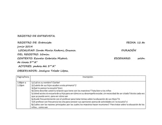 REGISTRO DE ENTREVISTA.
REGISTRO DE: Entrevista FECHA: 12 de
junio 2014
LOCALIDAD: Santa María Xadani, Oaxaca. DURACIÓN
DEL REGISTRO: 10min.
CONTEXTO: Escuela Gabriela Mistral. ESCENARIO: salón
de clases 3°”A”
ACTORES: padres del 3°”A”
OBSERVADOR: Jocelyne Toledo López.
Pagina/hora. Inscripción.
1:00pm a
1:10pm
1¿Cuál es su nombre? Claribel
2¿Cuánto de sus hijos acuden a esta primaria? 2
3¿Qué le parece la escuela? bien
4¿Cómo describe usted la relación que tiene con los maestros? Trata bien a los niños
5¿Usted asiste ala escuelade suhijopara vercómo essu desempeñoescolar,sinnecesidad de ser citado? Asisto cada vez
que yo pueda venir, para ver cómo van
6¿Acude frecuentemente con el profesor para tratar temas sobre la educación de sus Hijos? Si
7¿El profesor con frecuencia los cita para conocer sus opiniones acerca de actividades en la escuela? si
8¿Cuáles son las razones principales por las cuales los maestros hacen reuniones? Para tratar sobre la educación de los
niños… como van
 