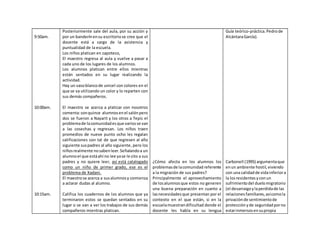9:50am.
10:00am.
10:15am.
Posteriormente sale del aula, por su acción y
por un banderínensu escritoriose cree que el
docente está a cargo de la asistencia y
puntualidad de la escuela.
Los niños platican en zapoteco,
El maestro regresa al aula y vuelve a pasar a
cada uno de los lugares de los alumnos.
Los alumnos platican entre ellos mientras
están sentados en su lugar realizando la
actividad.
Hay un vasoblancode unicel con colores en el
que se va utilizando un color y lo reparten con
sus demás compañeros.
El maestro se acerca a platicar con nosotros
comenta:sonquince alumnosenel salónpero
dos se fueron a Nayarit y los otros a Tepic el
problemade lacomunidadesque variosse van
a las cosechas y regresan. Los niños traen
promedios de nueve punto ocho les regalan
calificaciones con tal de que regresen al año
siguiente suspadres al año siguiente, pero los
niñosrealmente nosabenleer.Señalandoa un
alumnoel que estáahí no lee yase le cito a sus
padres y no quiere leer, así está catalogado
como un niño de primer grado, ese es el
problema de Xadani.
El maestrose acerca a susalumnosy comienza
a aclarar dudas al alumno.
Califica los cuadernos de los alumnos que ya
terminaron estos se quedan sentados en su
lugar o se van a ver los trabajos de sus demás
compañeros mientras platican.
¿Cómo afecta en los alumnos los
problemasde lacomunidad referente
a la migración de sus padres?
Principalmente el aprovechamiento
de losalumnosque estos no generen
una buena preparación en cuanto a
lasnecesidadesque presentan por el
contexto en el que están, si en la
escuelamuestrandificultad donde el
docente les habla en su lengua
Guía teórico-práctica.Pedrode
AlcántaraGarcía).
Carbonell (1995) argumentaque
enun ambiente hostil,viviendo
con una calidad de vidainferiora
la losresidentes yconun
sufrimientodel duelomigratorio
(el desarraigoylaperdidade las
relaciones familiares,asícomola
privaciónde sentimientode
protecciónyde seguridadporno
estarinmersosensupropia
 