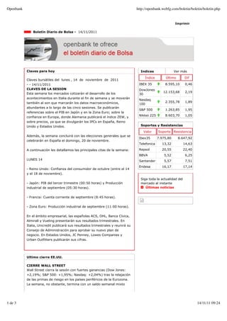 Openbank                                                                          http://openbank.webfg.com/boletin/boletin/boletin.php


                                                                                                           Imprimir

               Boletín Diario de Bolsa - 14/11/2011




           Claves para hoy                                                          Indices                Ver más

                                                                                       Índice       Último        Dif
           Claves bursátiles del lunes , 14 de noviembre de 2011
           - - 14/11/2011                                                          IBEX 35          8.595,10       0,46
           CLAVES DE LA SESION                                                     DowJones
           Esta semana los mercados cotizarán el desarrollo de los                                 12.153,68       2,19
                                                                                   30
           acontecimientos en Italia durante el fin de semana y se moverán
                                                                                   Nasdaq
           también al son que marcarán los datos macroeconómicos,                                   2.355,78       1,89
                                                                                   100
           abundantes a lo largo de las cinco sesiones. Se publicarán
                                                                                   S&P 500          1.263,85       1,95
           referencias sobre el PIB en Japón y en la Zona Euro; sobre la
                                                                                   Nikkei 225       8.603,70       1,05
           confianza en Europa, donde Alemania publicará el índice ZEW, y
           sobre precios, ya que se divulgarán los IPCs en España, Reino
           Unido y Estados Unidos.                                                  Soportes y Resistencias

                                                                                      Valor     Soporte    Resistencia
           Además, la semana concluirá con las elecciones generales que se
                                                                                   Ibex35       7.975,80     8.647,92
           celebrarán en España el domingo, 20 de noviembre.
                                                                                   Telefonica     13,32           14,63
           A continuación les detallamos las principales citas de la semana:       Repsol         20,55           22,40
                                                                                   BBVA             5,52           6,25
           LUNES 14                                                                Santander        5,57           7,51
                                                                                   Endesa         16,17           17,14
           - Reino Unido: Confianza del consumidor de octubre (entre el 14
           y el 18 de noviembre).
                                                                                    Siga toda la actualidad del
           - Japón: PIB del tercer trimestre (00:50 horas) y Producción             mercado al instante
           industrial de septiembre (05:30 horas).                                     Últimas noticias


           - Francia: Cuenta corriente de septiembre (8:45 horas).


           - Zona Euro: Producción industrial de septiembre (11:00 horas).


           En el ámbito empresarial, las españolas ACS, OHL, Banca Cívica,
           Almirall y Vueling presentarán sus resultados trimestrales. En
           Italia, Unicredit publicará sus resultados trimestrales y reunirá su
           Consejo de Administración para aprobar su nuevo plan de
           negocio. En Estados Unidos, JC Penney, Lowes Companies y
           Urban Outfitters publicarán sus cifras.




           Ultimo cierre EE.UU.

           CIERRE WALL STREET
           Wall Street cierra la sesión con fuertes ganancias (Dow Jones:
           +2,19%; S&P 500: +1,95%; Nasdaq: +2,04%) tras la relajación
           de las primas de riesgo en los países periféricos de la Eurozona.
           La semana, no obstante, termina con un saldo semanal mixto




1 de 3                                                                                                                    14/11/11 09:24
 