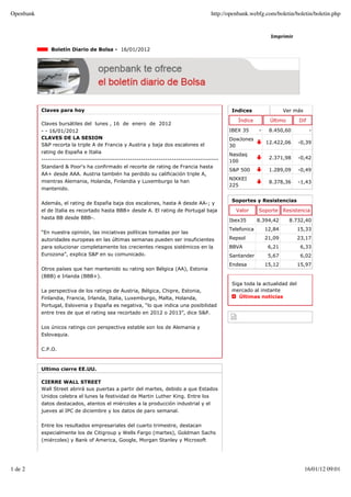 Openbank                                                                               http://openbank.webfg.com/boletin/boletin/boletin.php


                                                                                                                 Imprimir

               Boletín Diario de Bolsa - 16/01/2012




           Claves para hoy                                                                     Indices                 Ver más

                                                                                                  Índice        Último       Dif
           Claves bursátiles del lunes , 16 de enero de 2012
           - - 16/01/2012                                                                     IBEX 35      -    8.450,60           -
           CLAVES DE LA SESION                                                                DowJones
           S&P recorta la triple A de Francia y Austria y baja dos escalones el                                12.422,06     -0,39
                                                                                              30
           rating de España e Italia
                                                                                              Nasdaq
           --------------------------------------------------------------------------------                     2.371,98     -0,42
                                                                                              100
           Standard & Poor's ha confirmado el recorte de rating de Francia hasta
                                                                                              S&P 500           1.289,09     -0,49
           AA+ desde AAA. Austria también ha perdido su calificación triple A,
                                                                                              NIKKEI
           mientras Alemania, Holanda, Finlandia y Luxemburgo la han                                            8.378,36     -1,43
                                                                                              225
           mantenido.

                                                                                               Soportes y Resistencias
           Además, el rating de España baja dos escalones, hasta A desde AA-; y
           el de Italia es recortado hasta BBB+ desde A. El rating de Portugal baja              Valor     Soporte     Resistencia
           hasta BB desde BBB-.
                                                                                              Ibex35       8.394,42      8.732,40
                                                                                              Telefonica       12,84         15,33
           “En nuestra opinión, las iniciativas políticas tomadas por las
           autoridades europeas en las últimas semanas pueden ser insuficientes               Repsol           21,09         23,17
           para solucionar completamente los crecientes riesgos sistémicos en la              BBVA              6,21          6,33
           Eurozona”, explica S&P en su comunicado.                                           Santander         5,67          6,02
                                                                                              Endesa           15,12         15,97
           Otros países que han mantenido su rating son Bélgica (AA), Estonia
           (BBB) e Irlanda (BBB+).
                                                                                               Siga toda la actualidad del
           La perspectiva de los ratings de Austria, Bélgica, Chipre, Estonia,                 mercado al instante
           Finlandia, Francia, Irlanda, Italia, Luxemburgo, Malta, Holanda,                       Últimas noticias
           Portugal, Eslovenia y España es negativa, “lo que indica una posibilidad
           entre tres de que el rating sea recortado en 2012 o 2013”, dice S&P.


           Los únicos ratings con perspectiva estable son los de Alemania y
           Eslovaquia.


           C.P.O.



           Ultimo cierre EE.UU.

           CIERRE WALL STREET
           Wall Street abrirá sus puertas a partir del martes, debido a que Estados
           Unidos celebra el lunes la festividad de Martin Luther King. Entre los
           datos destacados, atentos el miércoles a la producción industrial y el
           jueves al IPC de diciembre y los datos de paro semanal.


           Entre los resultados empresariales del cuarto trimestre, destacan
           especialmente los de Citigroup y Wells Fargo (martes), Goldman Sachs
           (miércoles) y Bank of America, Google, Morgan Stanley y Microsoft




1 de 2                                                                                                                           16/01/12 09:01
 