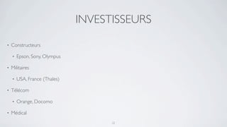 INVESTISSEURS

•   Constructeurs

    •   Epson, Sony, Olympus

•   Militaires

    •   USA, France (Thales)

•   Télécom

    •   Orange, Docomo

•   Médical
                                     22
 