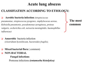 CLASSIFIATION ACCORDING TO ETIOLOGY:
 Aerobic bacteria infection (streptococcus
pneumoniae, streptococcus pyogenes, staphylococus aereus,
klebsiella pneumonie, pseodomonas aeruginosa, proteus
vulgaris, escherichia coli, neisseria meningitidis, haemophillus
influenzae)
 Anaerobic bacteria infection
(clostridium hystoliticum, bacteroides fragilis).
 Mixed bacterial flora ( common)
 NON-BACTERIAL
Fungal infections
Protozoa infections (entamoeba histolytica)
Acute lung abscess
The most
common
 