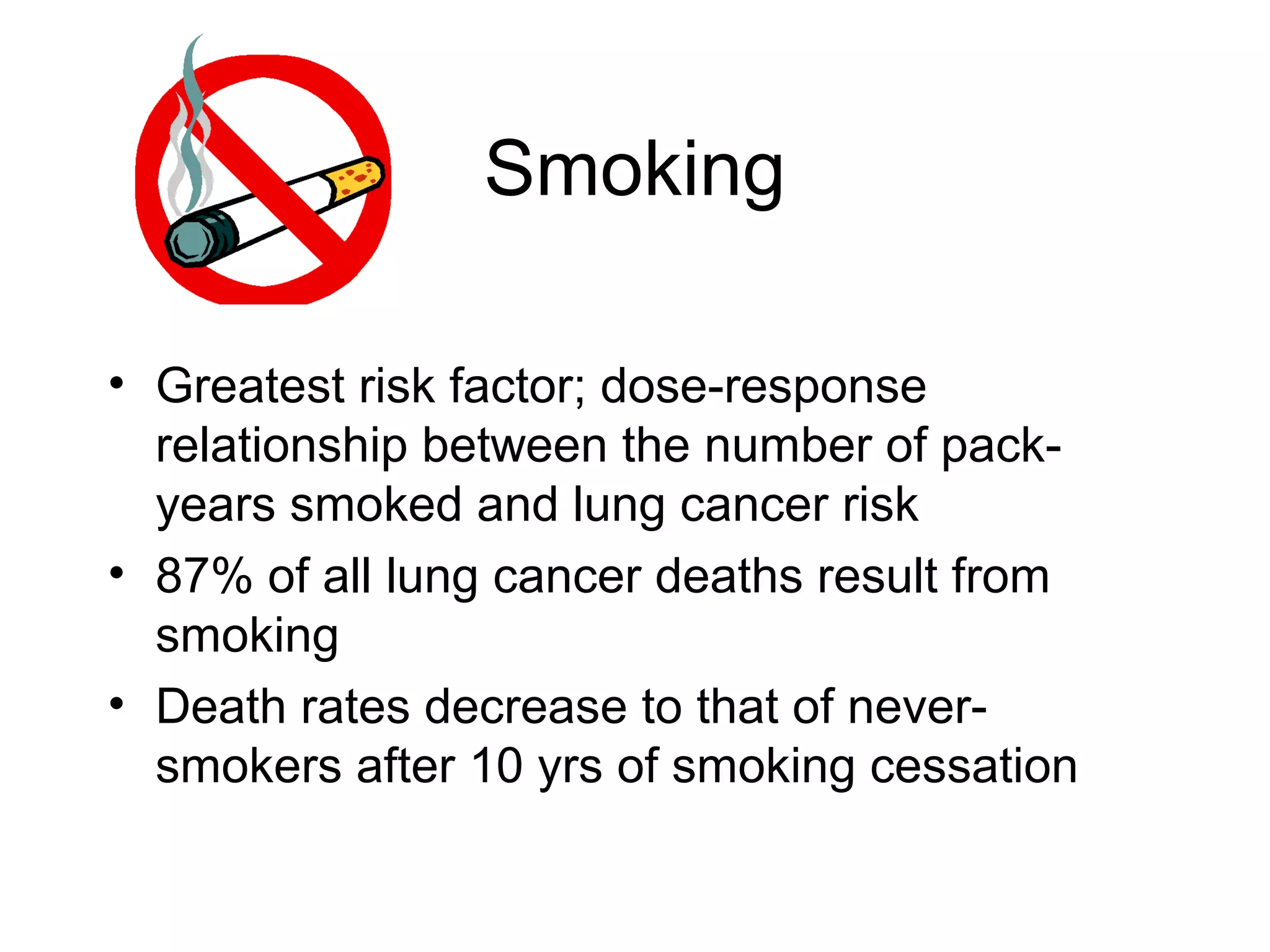 Smoking
• Greatest risk factor; dose-response
relationship between the number of packyears smoked and lung cancer risk
• 87% of all lung cancer deaths result from
smoking
• Death rates decrease to that of neversmokers after 10 yrs of smoking cessation

 