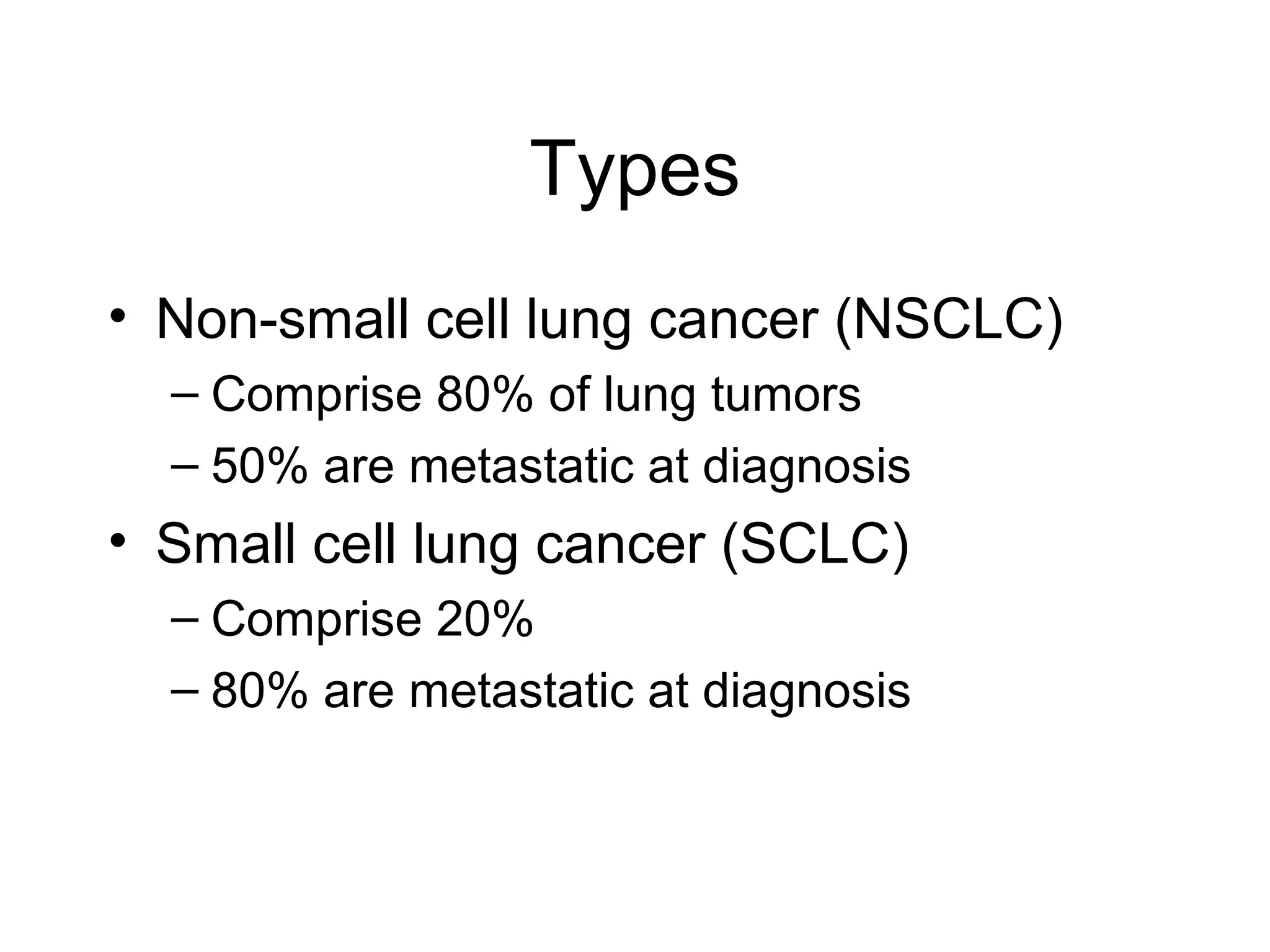 Types
• Non-small cell lung cancer (NSCLC)
– Comprise 80% of lung tumors
– 50% are metastatic at diagnosis

• Small cell lung cancer (SCLC)
– Comprise 20%
– 80% are metastatic at diagnosis

 