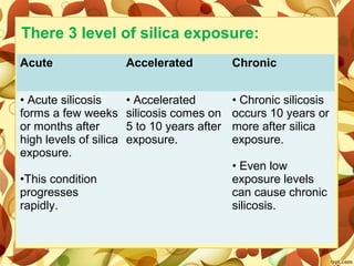 There 3 level of silica exposure:
Acute Accelerated Chronic
• Acute silicosis
forms a few weeks
or months after
high levels of silica
exposure.
•This condition
progresses
rapidly.
• Accelerated
silicosis comes on
5 to 10 years after
exposure.
• Chronic silicosis
occurs 10 years or
more after silica
exposure.
• Even low
exposure levels
can cause chronic
silicosis.
 