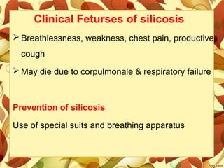 Clinical Feturses of silicosis
 Breathlessness, weakness, chest pain, productive
cough
 May die due to corpulmonale & respiratory failure
Prevention of silicosis
Use of special suits and breathing apparatus
 