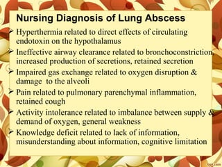 Nursing Diagnosis of Lung Abscess
 Hyperthermia related to direct effects of circulating
endotoxin on the hypothalamus
 Ineffective airway clearance related to bronchoconstriction,
increased production of secretions, retained secretion
 Impaired gas exchange related to oxygen disruption &
damage to the alveoli
 Pain related to pulmonary parenchymal inflammation,
retained cough
 Activity intolerance related to imbalance between supply &
demand of oxygen, general weakness
 Knowledge deficit related to lack of information,
misunderstanding about information, cognitive limitation
 