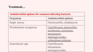 Treatment…
Antimicrobial options for common infecting bacteria
Organism Antimicrobial options
Staph. aureus Flucloxacillin, clindamycin
Pseudomonas aeruginosa Ciprofloxacin, piperacillin-
tazobactam, aztreonam,
meropenem,
aminoglycosides,
ceftazidime/cefepime
Enterobacter spp. Ciprofloxacin,
meropenem,
aminoglycosides
 