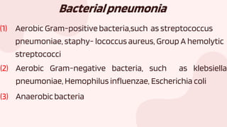 Bacterialpneumonia
(1) Aerobic Gram-positive bacteria,such as streptococcus
pneumoniae, staphy- lococcus aureus, Group A hemolytic
streptococci
(2) Aerobic Gram-negative bacteria, such as klebsiella
pneumoniae, Hemophilus influenzae, Escherichia coli
(3) Anaerobicbacteria
 