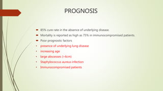 PROGNOSIS
 85% cure rate in the absence of underlying disease.
 Mortality is reported as high as 75% in immunocompromised patients.
 Poor prognostic factors
• presence of underlying lung disease
• increasing age
• large abscesses (>6cm)
• Staphylococcus aureus infection
• Immunocompromised patients
 