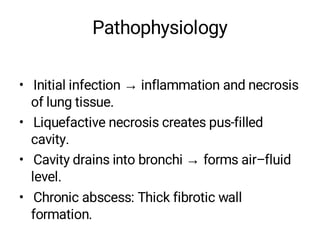 Pathophysiology
• Initial infection → inflammation and necrosis
of lung tissue.
• Liquefactive necrosis creates pus-filled
cavity.
• Cavity drains into bronchi → forms air–fluid
level.
• Chronic abscess: Thick fibrotic wall
formation.
 