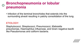 Bronchopneumonia or lobular
pneumonia
• Infection of the terminal bronchioles that extends into the
surrounding alveoli resulting in patchy consolidation of the lung.
ETIOLOGY:
Staphylococci, Streptococci, Pneumococci, Klebsiella
pneumoniae, Haemophilus influenzae, and Gram negative bacilli
like Pseudomonas and coliform bacteria.
 