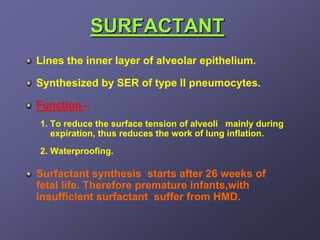 SURFACTANT
Lines the inner layer of alveolar epithelium.

Synthesized by SER of type II pneumocytes.

Function –
1. To reduce the surface tension of alveoli mainly during
   expiration, thus reduces the work of lung inflation.
2. Waterproofing.

Surfactant synthesis starts after 26 weeks of
fetal life. Therefore premature infants,with
insufficient surfactant suffer from HMD.
 