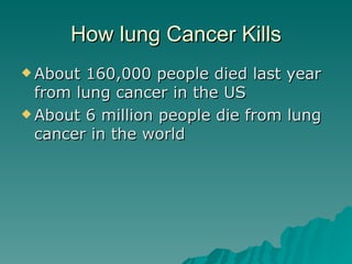 How lung Cancer Kills About 160,000 people died last year from lung cancer in the US  About 6 million people die from lung cancer in the world  