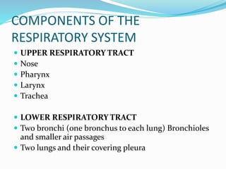COMPONENTS OF THE
RESPIRATORY SYSTEM
 UPPER RESPIRATORY TRACT
 Nose
 Pharynx
 Larynx
 Trachea
 LOWER RESPIRATORY TRACT
 Two bronchi (one bronchus to each lung) Bronchioles
and smaller air passages
 Two lungs and their covering pleura
 