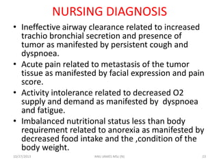 NURSING DIAGNOSIS
• Ineffective airway clearance related to increased
trachio bronchial secretion and presence of
tumor as manifested by persistent cough and
dyspnoea.
• Acute pain related to metastasis of the tumor
tissue as manifested by facial expression and pain
score.
• Activity intolerance related to decreased O2
supply and demand as manifested by dyspnoea
and fatigue.
• Imbalanced nutritional status less than body
requirement related to anorexia as manifested by
decreased food intake and the ,condition of the
body weight.
10/27/2013

ANU JAMES MSc (N)

23

 