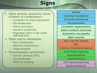 Signs
• Signs directly caused by tumor
invasion or compression:
–
–
–
–
–

Limitation of chest movement
Rib tenderness
Vocal cord palsy
Horner’s syndrome
Engorged veins in the chest
wall and face

• Signs due to metastasis
– Bony tenderness
– Adrenal insufficiency
– Organomegaly

SIADH
Cushing’s Syndrome
Carcinoid Syndrome
Gynecomastia
Cerebellar degeneration
Eaton Lambert syndrome
Autonomic neuropathy
Optic neuritis
Pure red cell aplasia

DIC
Anemia, thrombocytopenia

• Paraneoplastic syndromes:

Acanthosis nigricans

– Cancer cachexia (MC)
– Hypercalcemia
– HPOA & clubbing

Hyperkeratosis
Hypertrichosis

VIP induced diarrhea
Hyperamylesmia

 