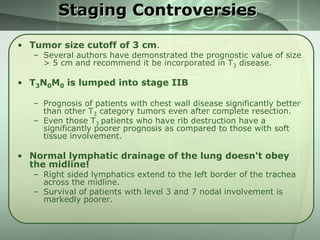 Staging Controversies
• Tumor size cutoff of 3 cm.

– Several authors have demonstrated the prognostic value of size
> 5 cm and recommend it be incorporated in T3 disease.

• T3N0M0 is lumped into stage IIB
– Prognosis of patients with chest wall disease significantly better
than other T3 category tumors even after complete resection.
– Even those T3 patients who have rib destruction have a
significantly poorer prognosis as compared to those with soft
tissue involvement.

• Normal lymphatic drainage of the lung doesn't obey
the midline!

– Right sided lymphatics extend to the left border of the trachea
across the midline.
– Survival of patients with level 3 and 7 nodal involvement is
markedly poorer.

 