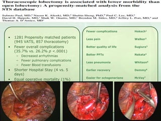 Fewer complications

•
•

1281 Propensity matched patients
(945 VATS, 857 thoracotomy)
Fewer overall complications
(35.7% vs. 26.2% p <.0001)
– Decreased arrhythmias
– Fewer pulmonary complications
– Fewer Blood transfusions

•
•

Shorter Hospital Stay (4 vs. 5
days)
Equal operative mortality (1%)

Hoksch1

Less pain

Walker2

Better quality of life

Sugiura3

Better PFTs

Nakata4

Less pneumonia

Whitson5

Earlier recovery

Demmy6

Easier for octogenarians

McVay7

 