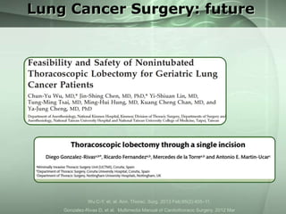 Lung Cancer Surgery: future

Wu C-Y, et. al. Ann. Thorac. Surg. 2013 Feb;95(2):405–11.
Gonzalez-Rivas D, et al. Multimedia Manual of Cardiothoracic Surgery. 2012 Mar

 
