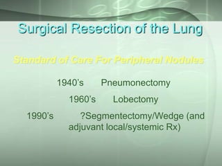 Surgical Resection of the Lung
Standard of Care For Peripheral Nodules
1940’s

1960’s
1990’s

Pneumonectomy

Lobectomy

?Segmentectomy/Wedge (and
adjuvant local/systemic Rx)

 
