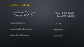 CLASSIFICATION
NON SMALL CELL LUNG
CANCER (NSCLC)
• ADENOCARCINOMA
• SQUAMOUS CELL CARCINOMA
• LARGE CELL CARCINOMA
SMALL CELL LUNG
CANCER (SCLC)
• OAT CELL
• INTERMEDIATE
• COMBINED
 