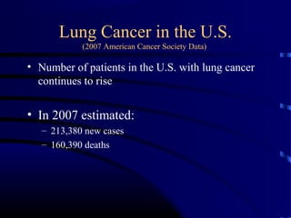 Lung Cancer in the U.S.
(2007 American Cancer Society Data)
• Number of patients in the U.S. with lung cancer
continues to rise
• In 2007 estimated:
– 213,380 new cases
– 160,390 deaths
 