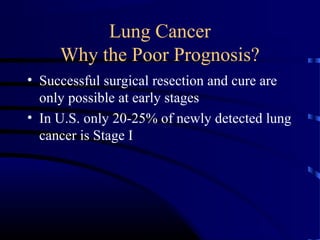 Lung Cancer
Why the Poor Prognosis?
• Successful surgical resection and cure are
only possible at early stages
• In U.S. only 20-25% of newly detected lung
cancer is Stage I
 