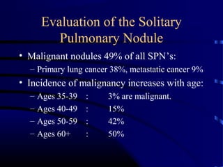 Evaluation of the Solitary
Pulmonary Nodule
• Malignant nodules 49% of all SPN’s:
– Primary lung cancer 38%, metastatic cancer 9%
• Incidence of malignancy increases with age:
– Ages 35-39 : 3% are malignant.
– Ages 40-49 : 15%
– Ages 50-59 : 42%
– Ages 60+ : 50%
 
