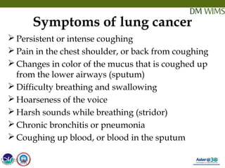 05/19/18 23
Symptoms of lung cancer
 Persistent or intense coughing
 Pain in the chest shoulder, or back from coughing
 Changes in color of the mucus that is coughed up
from the lower airways (sputum)
 Difficulty breathing and swallowing
 Hoarseness of the voice
 Harsh sounds while breathing (stridor)
 Chronic bronchitis or pneumonia
 Coughing up blood, or blood in the sputum
05/19/18
 