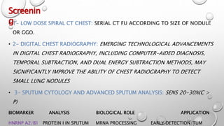 • 1- LOW DOSE SPIRAL CT CHEST: SERIAL CT FU ACCORDING TO SIZE OF NODULE
OR GGO.
• 2- DIGITAL CHEST RADIOGRAPHY: EMERGING TECHNOLOGICAL ADVANCEMENTS
IN DIGITAL CHEST RADIOGRAPHY, INCLUDING COMPUTER-AIDED DIAGNOSIS,
TEMPORAL SUBTRACTION, AND DUAL ENERGY SUBTRACTION METHODS, MAY
SIGNIFICANTLY IMPROVE THE ABILITY OF CHEST RADIOGRAPHY TO DETECT
SMALL LUNG NODULES
• 3- SPUTUM CYTOLOGY AND ADVANCED SPUTUM ANALYSIS: SENS 20-30%(C >
P)
BIOMARKER ANALYSIS BIOLOGICAL ROLE APPLICATION
HNRNP A2/B1 PROTEIN I IN SPUTUM MRNA PROCESSING EARLY DETECTION/TUM
Screenin
g
 