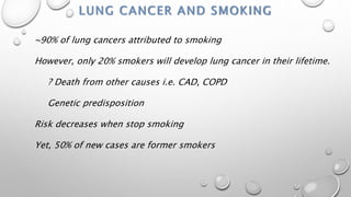 LUNG CANCER AND SMOKING
~90% of lung cancers attributed to smoking
However, only 20% smokers will develop lung cancer in their lifetime.
? Death from other causes i.e. CAD, COPD
Genetic predisposition
Risk decreases when stop smoking
Yet, 50% of new cases are former smokers
 