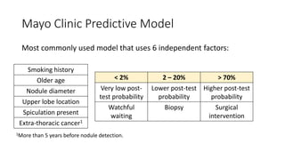 Mayo Clinic Predictive Model
Most commonly used model that uses 6 independent factors:
Smoking history
Older age
Nodule di...