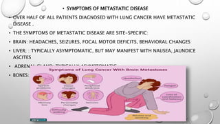 • SYMPTOMS OF METASTATIC DISEASE
• OVER HALF OF ALL PATIENTS DIAGNOSED WITH LUNG CANCER HAVE METASTATIC
DISEASE .
• THE SYMPTOMS OF METASTATIC DISEASE ARE SITE-SPECIFIC:
• BRAIN: HEADACHES, SEIZURES, FOCAL MOTOR DEFICITS, BEHAVIORAL CHANGES
• LIVER; : TYPICALLY ASYMPTOMATIC, BUT MAY MANIFEST WITH NAUSEA, JAUNDICE
ASCITES
• ADRENAL GLAND: TYPICALLY ASYMPTOMATIC
• BONES: BONE PAIN, ELEVATED SERUM ALKALINE PHOSPHATASE AND CALCIUM
 