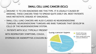 SMALL CELL LUNG CANCER (SCLC)
• AROUND 15 TO 20% DIAGNOSED ARE THIS TYPE. IT IS USUALLY CAUSED BY
SMOKING. THESE CANCERS TEND TO SPREAD QUITE EARLY ON. MOST PATIENTS
HAVE METASTATIC DISEASE AT DIAGNOSIS,
• SMALL CELL LUNG CANCERS ARE ALSO CLASSED AS NEUROENDOCRINE
TUMOURS. NEUROENDOCRINE TUMOURS ARE RARE TUMOURS THAT DEVELOP IN
CELLS OF THE NEUROENDOCRINE SYSTEM.
• PATIENTS WITH SCLC TYPICALLY PRESENT
WITH RESPIRATORY SYMPTOMS, COUGH,
DYSPNOEA OR HAEMOPTYSIS (COUGHIN BLOOD)
 