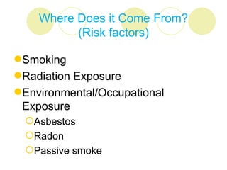 Where Does it Come From?
          (Risk factors)

Smoking
Radiation Exposure
Environmental/Occupational
 Exposure
  Asbestos
  Radon
  Passive smoke
 