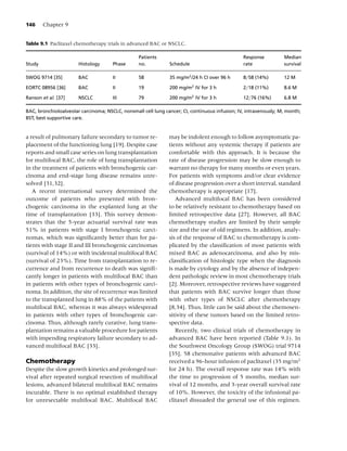 146     Chapter 9


Table 9.1 Paclitaxel chemotherapy trials in advanced BAC or NSCLC.

                                                  Patients                                      Response          Median
Study                  Histology      Phase       no.          Schedule                         rate              survival

SWOG 9714 [35]         BAC            II          58           35 mg/m2 /24 h CI over 96 h      8/58 (14%)        12 M
                                                                          2
EORTC 08956 [36]       BAC            II          19           200 mg/m IV for 3 h              2/18 (11%)        8.6 M
                                                                          2
Ranson et al. [37]     NSCLC          III         79           200 mg/m IV for 3 h              12/76 (16%)       6.8 M

BAC, bronchioloalveolar carcinoma; NSCLC, nonsmall cell lung cancer; CI, continuous infusion; IV, intravenously; M, month;
BST, best supportive care.


a result of pulmonary failure secondary to tumor re-           may be indolent enough to follow asymptomatic pa-
placement of the functioning lung [19]. Despite case           tients without any systemic therapy if patients are
reports and small case series on lung transplantation          comfortable with this approach. It is because the
for multifocal BAC, the role of lung transplantation           rate of disease progression may be slow enough to
in the treatment of patients with bronchogenic car-            warrant no therapy for many months or even years.
cinoma and end-stage lung disease remains unre-                For patients with symptoms and/or clear evidence
solved [31,32].                                                of disease progression over a short interval, standard
   A recent international survey determined the                chemotherapy is appropriate [17].
outcome of patients who presented with bron-                      Advanced multifocal BAC has been considered
chogenic carcinoma in the explanted lung at the                to be relatively resistant to chemotherapy based on
time of transplantation [33]. This survey demon-               limited retrospective data [27]. However, all BAC
strates that the 5-year actuarial survival rate was            chemotherapy studies are limited by their sample
51% in patients with stage I bronchogenic carci-               size and the use of old regimens. In addition, analy-
nomas, which was signiﬁcantly better than for pa-              sis of the response of BAC to chemotherapy is com-
tients with stage II and III bronchogenic carcinomas           plicated by the classiﬁcation of most patients with
(survival of 14%) or with incidental multifocal BAC            mixed BAC as adenocarcinoma, and also by mis-
(survival of 23%). Time from transplantation to re-            classiﬁcation of histologic type when the diagnosis
currence and from recurrence to death was signiﬁ-              is made by cytology and by the absence of indepen-
cantly longer in patients with multifocal BAC than             dent pathologic review in most chemotherapy trials
in patients with other types of bronchogenic carci-            [2]. Moreover, retrospective reviews have suggested
noma. In addition, the site of recurrence was limited          that patients with BAC survive longer than those
to the transplanted lung in 88% of the patients with           with other types of NSCLC after chemotherapy
multifocal BAC, whereas it was always widespread               [8,34]. Thus, little can be said about the chemosen-
in patients with other types of bronchogenic car-              sitivity of these tumors based on the limited retro-
cinoma. Thus, although rarely curative, lung trans-            spective data.
plantation remains a valuable procedure for patients              Recently, two clinical trials of chemotherapy in
with impending respiratory failure secondary to ad-            advanced BAC have been reported (Table 9.1). In
vanced multifocal BAC [33].                                    the Southwest Oncology Group (SWOG) trial 9714
                                                               [35], 58 chemona¨ve patients with advanced BAC
                                                                                    ı
Chemotherapy                                                   received a 96-hour infusion of paclitaxel (35 mg/m2
Despite the slow growth kinetics and prolonged sur-            for 24 h). The overall response rate was 14% with
vival after repeated surgical resection of multifocal          the time to progression of 5 months, median sur-
lesions, advanced bilateral multifocal BAC remains             vival of 12 months, and 3-year overall survival rate
incurable. There is no optimal established therapy             of 10%. However, the toxicity of the infusional pa-
for unresectable multifocal BAC. Multifocal BAC                clitaxel dissuaded the general use of this regimen.
 