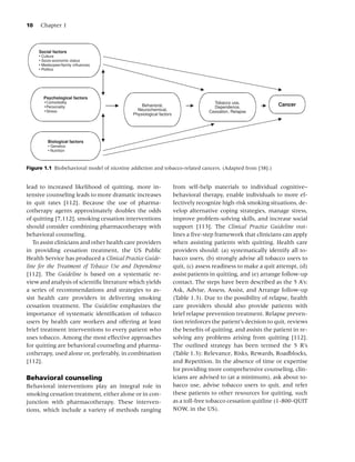 10    Chapter 1



     Social factors
     • Culture
     • Socio-economic status
     • Media/peer/family influences
     • Politics




       Psychological factors
       • Comorbidity                                                                Tobacco use,
       • Personality                            Behavioral,                         Dependence,
                                                                                                               Cancer
       • Stress                               Neurochemical,                      Cessation, Relapse
                                            Physiological factors




          Biological factors
          • Genetics
          • Nutrition



Figure 1.1 Biobehavioral model of nicotine addiction and tobacco-related cancers. (Adapted from [38].)


lead to increased likelihood of quitting, more in-                  from self-help materials to individual cognitive–
tensive counseling leads to more dramatic increases                 behavioral therapy, enable individuals to more ef-
in quit rates [112]. Because the use of pharma-                     fectively recognize high-risk smoking situations, de-
cotherapy agents approximately doubles the odds                     velop alternative coping strategies, manage stress,
of quitting [7,112], smoking cessation interventions                improve problem-solving skills, and increase social
should consider combining pharmacotherapy with                      support [113]. The Clinical Practice Guideline out-
behavioral counseling.                                              lines a ﬁve-step framework that clinicians can apply
   To assist clinicians and other health care providers             when assisting patients with quitting. Health care
in providing cessation treatment, the US Public                     providers should: (a) systematically identify all to-
Health Service has produced a Clinical Practice Guide-              bacco users, (b) strongly advise all tobacco users to
line for the Treatment of Tobacco Use and Dependence                quit, (c) assess readiness to make a quit attempt, (d)
[112]. The Guideline is based on a systematic re-                   assist patients in quitting, and (e) arrange follow-up
view and analysis of scientiﬁc literature which yields              contact. The steps have been described as the 5 A’s:
a series of recommendations and strategies to as-                   Ask, Advise, Assess, Assist, and Arrange follow-up
sist health care providers in delivering smoking                    (Table 1.3). Due to the possibility of relapse, health
cessation treatment. The Guideline emphasizes the                   care providers should also provide patients with
importance of systematic identiﬁcation of tobacco                   brief relapse prevention treatment. Relapse preven-
users by health care workers and offering at least                  tion reinforces the patient’s decision to quit, reviews
brief treatment interventions to every patient who                  the beneﬁts of quitting, and assists the patient in re-
uses tobacco. Among the most effective approaches                   solving any problems arising from quitting [112].
for quitting are behavioral counseling and pharma-                  The outlined strategy has been termed the 5 R’s
cotherapy, used alone or, preferably, in combination                (Table 1.3): Relevance, Risks, Rewards, Roadblocks,
[112].                                                              and Repetition. In the absence of time or expertise
                                                                    for providing more comprehensive counseling, clin-
Behavioral counseling                                               icians are advised to (at a minimum), ask about to-
Behavioral interventions play an integral role in                   bacco use, advise tobacco users to quit, and refer
smoking cessation treatment, either alone or in con-                these patients to other resources for quitting, such
junction with pharmacotherapy. These interven-                      as a toll-free tobacco cessation quitline (1-800-QUIT
tions, which include a variety of methods ranging                   NOW, in the US).
 