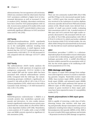38   Chapter 3


adenocarcinoma, but not squamous cell carcinoma,          EPHX1
which was consistent with the observation that fast       There are two commonly studied SNPs (Try113His
NAT1 acetylators exhibited a higher level of chro-        and His139Arg) in the microsomal epoxide hydro-
mosomal aberrations as well as increased LC risk          lase 1 (EPHX1) gene that encodes a phase II pro-
in smokers [101]. Similarly, discordant conclusions       tein involved in the hydrolysis of reactive aliphatic
have been noted for NAT2 polymorphisms with LC            and arene epoxides derived from PAH and aromatic
risk. A recent meta-analysis of 16 studies with a total   amines [110]. Mixed results were derived from a
of 3865 cases and 6077 controls failed to detect any      number of small case–control studies evaluating
statistically signiﬁcant difference in NAT2 acetylator    their associations with LC risk. A pooled analysis of
status and LC risk [102].                                 986 cases and 1633 controls from eight studies re-
                                                          ported a decreased LC risk associated with the vari-
                                                          ant allele of Try113His polymorphism with OR of
UGT family                                                0.70 (0.51–0.96) [111], which was further validated
UDP-glucuronosyltransferase (UGT) superfamily             by an Austrian study [112]. In both studies, the rare
catalyzes the conjugation of a glucuronic acid moi-       allele of His139Arg was associated with an increased
ety to the nucleophilic substrate resulting from          LC risk that did not reach statistical signiﬁcance.
the phase I bioactivation. A small Japanese study
showed that the UGT1A7∗ 3 polymorphism was as-            GPX1
sociated with a 4.02-fold (1.57–10.30) increased LC       Glutathione peroxidase I (GPX1) is a selenium-
risk compared with the wild-type UGT1A7∗ 1 allele         dependent phase II antioxidant enzyme which plays
[103].                                                    a crucial role in detoxifying organic peroxides and
                                                          hydrogen peroxides [113]. A nsSNP (Pro198Leu)
                                                          has been widely assessed for an association with LC
SULT family                                               risk, but the results appear to be conﬂicting in dif-
The sulfotransferase (SULT) family catalyzes the          ferent populations [114–116].
sulfonation of a wide spectrum of exogenous and
endogenous compounds. SULT1A1 G638A is the                DNA damage and repair
most studied SNP and the variant allele has been          The capacity to repair DNA damage from endoge-
associated with reduced sulfotransferase activity         nous and exogenous sources is crucial to maintain-
[104]. Compared with the wild-type, the variant-          ing genomic integrity. Nucleotide-excision repair
containing genotypes exhibited a signiﬁcantly in-         (NER), base-excision repair (BER), double-strand-
creased LC risk with an OR of 1.85 (1.44–2.37) in a       break repair (DSBR), and mismatch repair (MMR)
Chinese population [105], which was in line with a        are four key DNA repair pathways that operate on
Caucasian study showing a 1.41-fold increased LC          different types of DNA damage. Common genetic
risk (1.04–1.91) [106].                                   variants in genes involved in these repair path-
                                                          ways have been reported in many LC susceptibility
                                                          studies [117].
NQO1
NAD(P)H:quinono oxidoreductase 1 (NQO1) is a              Genetic polymorphisms in DNA repair genes
cytosolic protein that metabolizes quinoid com-           NER
pounds and derivatives. In vitro studies demon-           NER is capable of removing a wide class of helix-
strated a signiﬁcantly reduced enzyme activity asso-      distorting lesions that interfere with base pair-
ciated with the variant allele of a Pro187Ser SNP in      ing and generally disrupt transcription and normal
a dose-dependent fashion [107,108]. Nonetheless,          replication resulting from tobacco smoking such as
a meta-analysis of 19 studies with a total of 6980        benzo[a]pyrene diol-epoxide (BPDE) [118]. NER is
cases and 8080 controls reported no signiﬁcant LC         the most versatile DNA repair pathway and includes
risk association [109].                                   ∼30 proteins involved in DNA damage recognition,
 