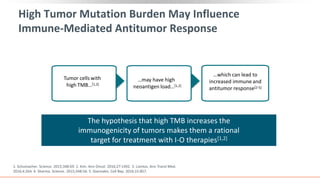 High Tumor Mutation Burden May Influence
Immune-Mediated Antitumor Response
Tumor cells with
high TMB…[1,2]
…may have high
neoantigen load…[1,2]
…which can lead to
increased immune and
antitumor response[2-5]
1. Schumacher. Science. 2015;348:69. 2. Kim. Ann Oncol. 2016;27:1492. 3. Liontos. Ann Transl Med.
2016;4:264. 4. Sharma. Science. 2015;348:56. 5. Giannakis. Cell Rep. 2016;15:857.
The hypothesis that high TMB increases the
immunogenicity of tumors makes them a rational
target for treatment with I-O therapies[1,2]
 