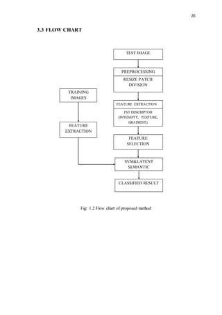 20
3.3 FLOW CHART
Fig: 1.2 Flow chart of proposed method
TEST IMAGE
PREPROCESSING
RESIZE PATCH
DIVISION
FEATURE EXTRACTION
FS3 DESCRIPTOR
(INTENSITY, TEXTURE,
GRADIENT)
FEATURE
SELECTION
SVM&LATENT
SEMANTIC
CLASSIFIER
CLASSIFIED RESULT
TRAINING
IMAGES
FEATURE
EXTRACTION
 