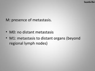 Sayantika Dhar




M: presence of metastasis.

• M0: no distant metastasis
• M1: metastasis to distant organs (beyond
  regional lymph nodes)
 
