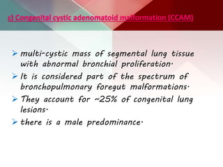 c) Congenital cystic adenomatoid malformation (CCAM)
 multi-cystic mass of segmental lung tissue
with abnormal bronchial proliferation.
 It is considered part of the spectrum of
bronchopulmonary foregut malformations.
 They account for ~25% of congenital lung
lesions.
 there is a male predominance.
 
