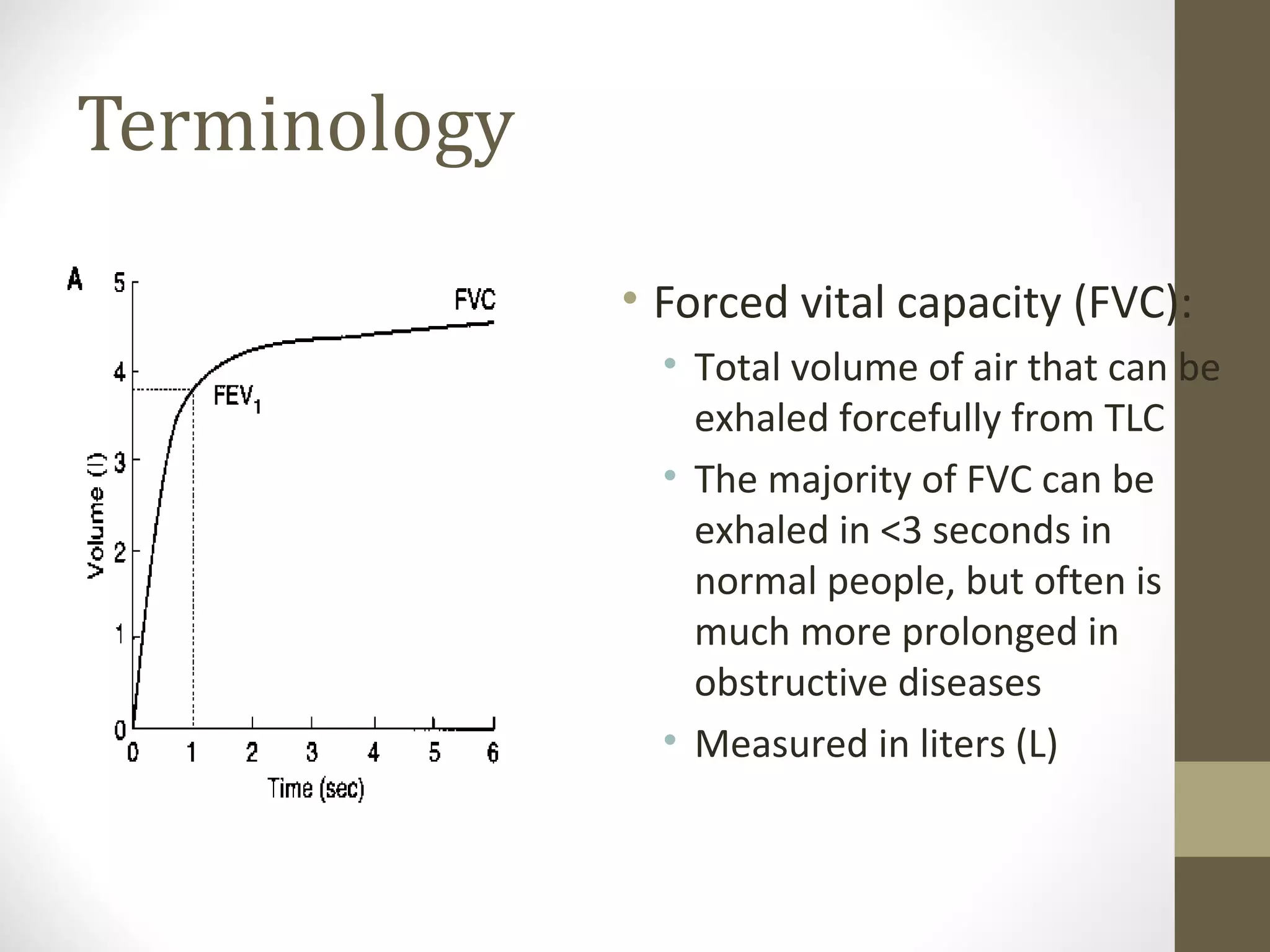 Terminology
• Forced vital capacity (FVC):
• Total volume of air that can be
exhaled forcefully from TLC
• The majority of FVC can be
exhaled in <3 seconds in
normal people, but often is
much more prolonged in
obstructive diseases
• Measured in liters (L)
 
