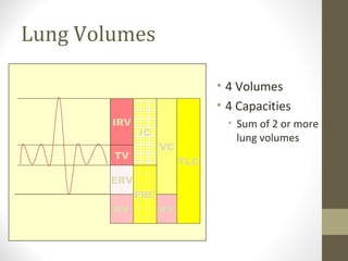 Lung Volumes
• 4 Volumes
• 4 Capacities
• Sum of 2 or more
lung volumes
IRV
TV
ERV
RV
IC
FRC
VC
TLC
RV
 