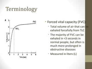Terminology
• Forced vital capacity (FVC):
• Total volume of air that can be
exhaled forcefully from TLC
• The majority of FVC can be
exhaled in <3 seconds in
normal people, but often is
much more prolonged in
obstructive diseases
• Measured in liters (L)
 