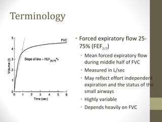 Terminology
• Forced expiratory flow 25-
75% (FEF25-75)
• Mean forced expiratory flow
during middle half of FVC
• Measured in L/sec
• May reflect effort independent
expiration and the status of the
small airways
• Highly variable
• Depends heavily on FVC
 