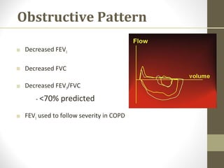 Obstructive Pattern
■ Decreased FEV1
■ Decreased FVC
■ Decreased FEV1/FVC
- <70% predicted
■ FEV1 used to follow severity in COPD
 