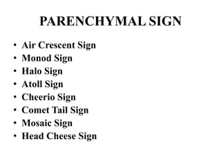 PARENCHYMAL SIGN
• Air Crescent Sign
• Monod Sign
• Halo Sign
• Atoll Sign
• Cheerio Sign
• Comet Tail Sign
• Mosaic Sign
• Head Cheese Sign
 